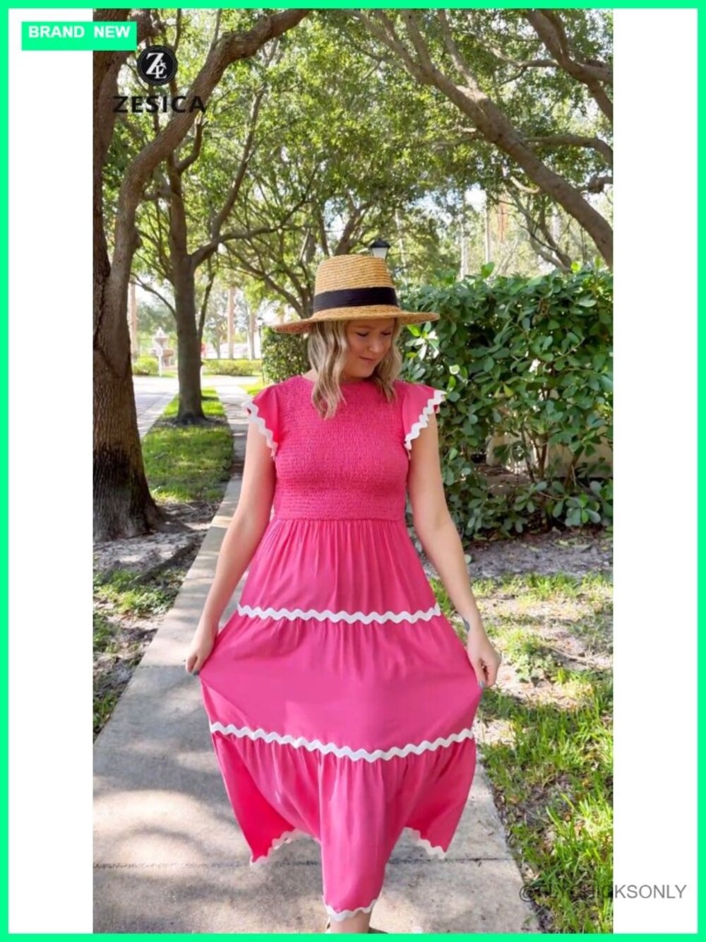 Flutter Short Sleeve Smocked High Waist Midi Dress Tiered Boho Casual - Picture 7 of 7